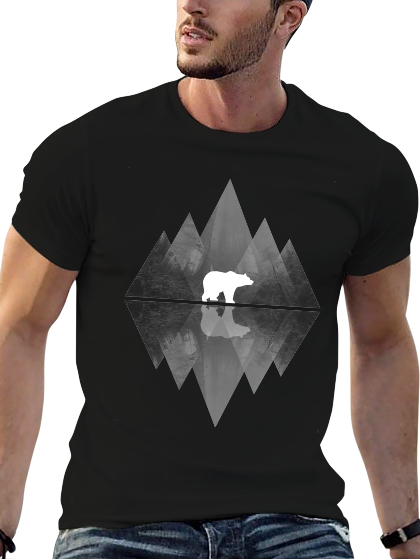 Geometric Bear Graphic Tee - Black