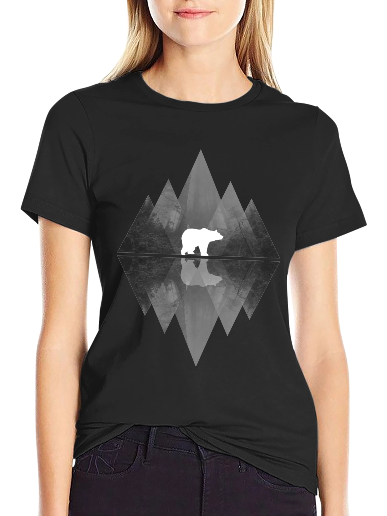 Geometric Bear Graphic Tee - Black