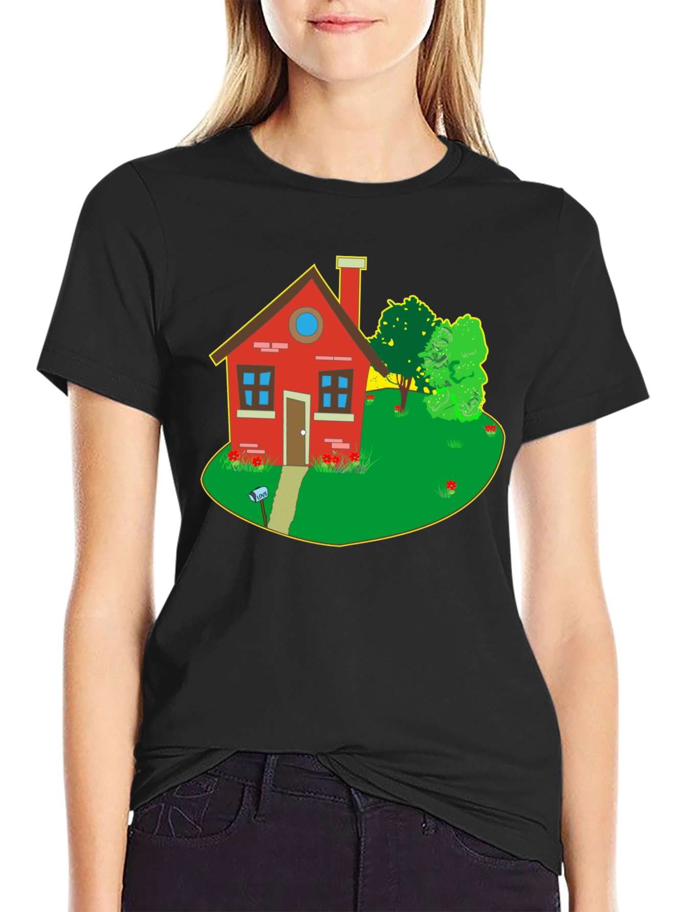 Quirky House Graphic Tee - Black Cotton T-Shirt