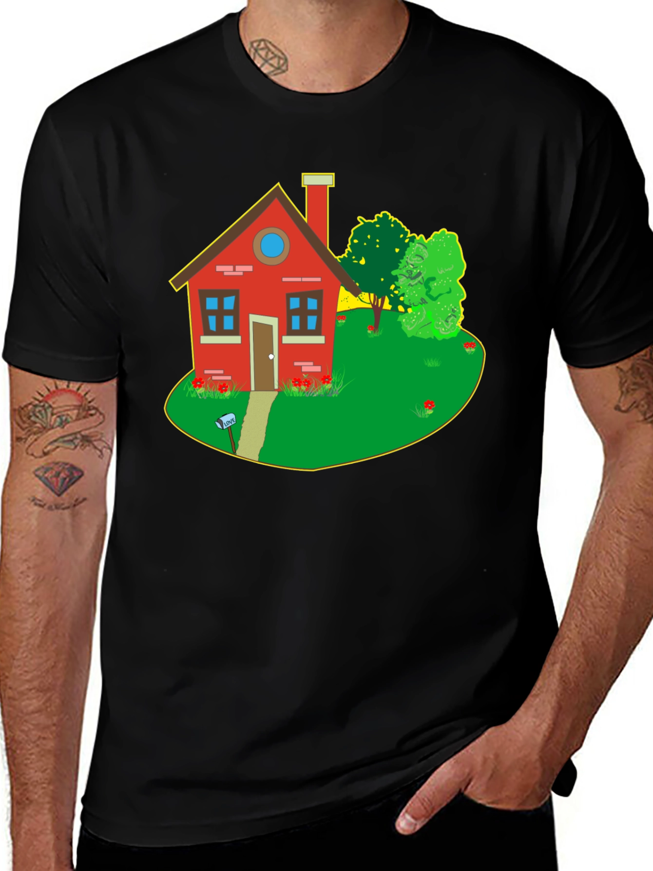 Quirky House Graphic Tee - Black Cotton T-Shirt