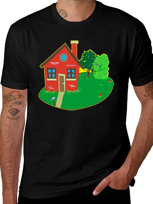 Quirky House Graphic Tee - Black Cotton T-Shirt