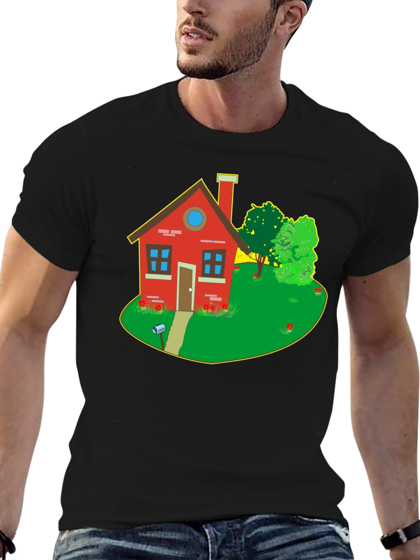 Quirky House Graphic Tee - Black Cotton T-Shirt