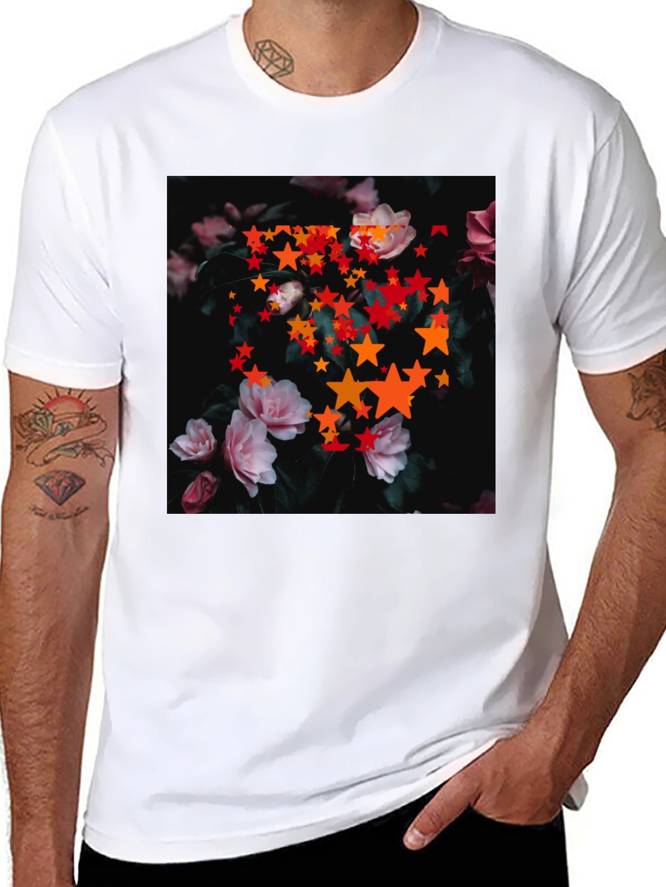 Floral Star T-Shirt - Black Cotton Graphic Tee