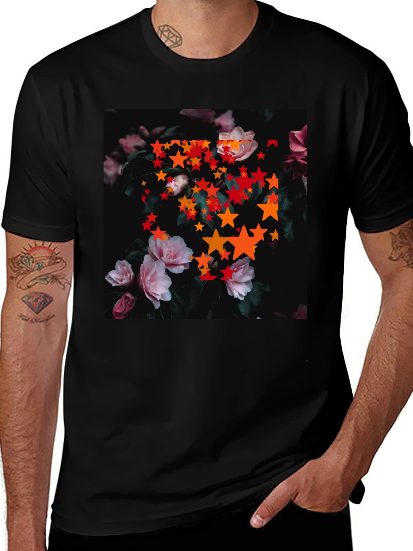 Floral Star T-Shirt - Black Cotton Graphic Tee