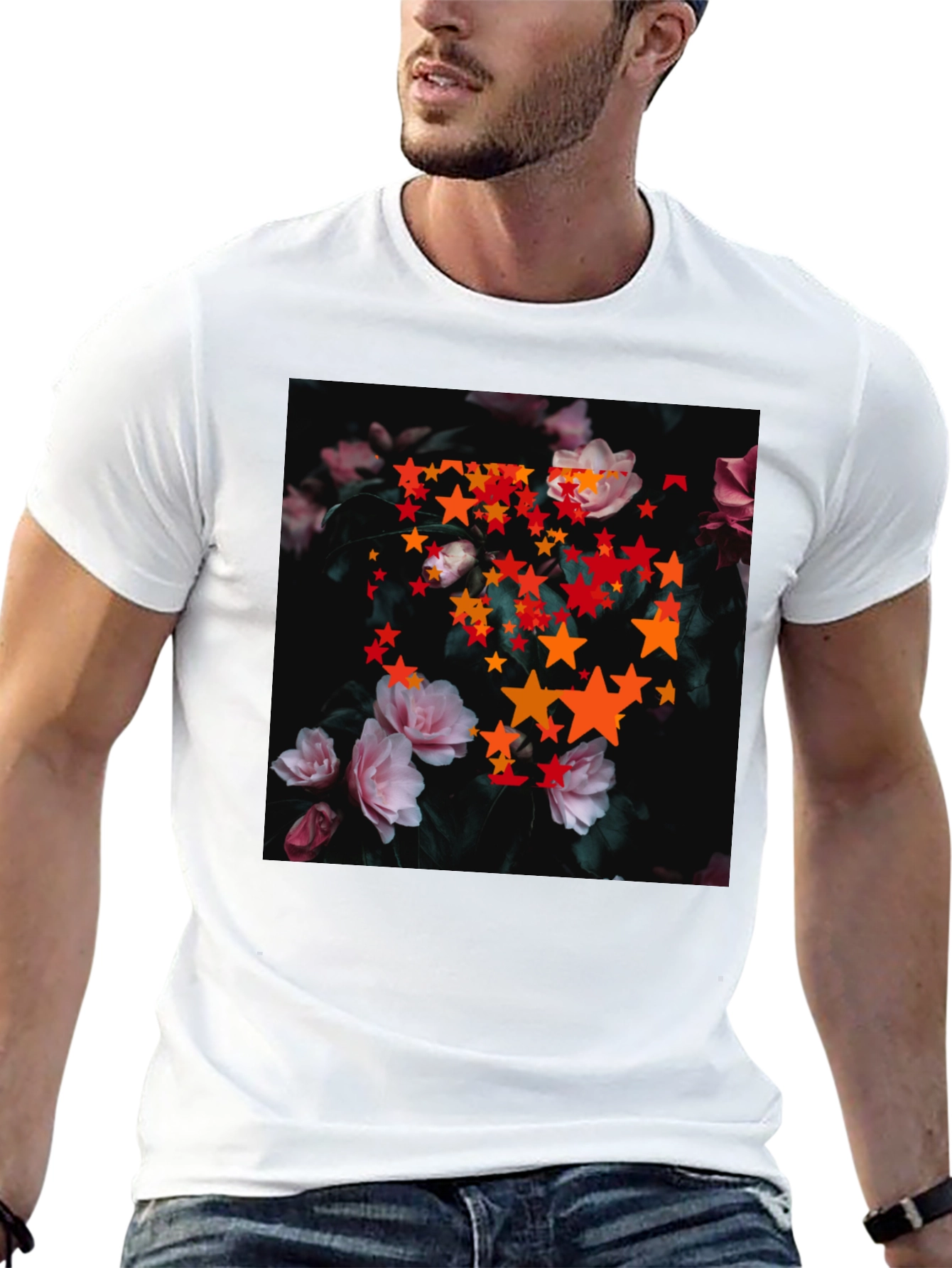 Floral Star T-Shirt - Black Cotton Graphic Tee