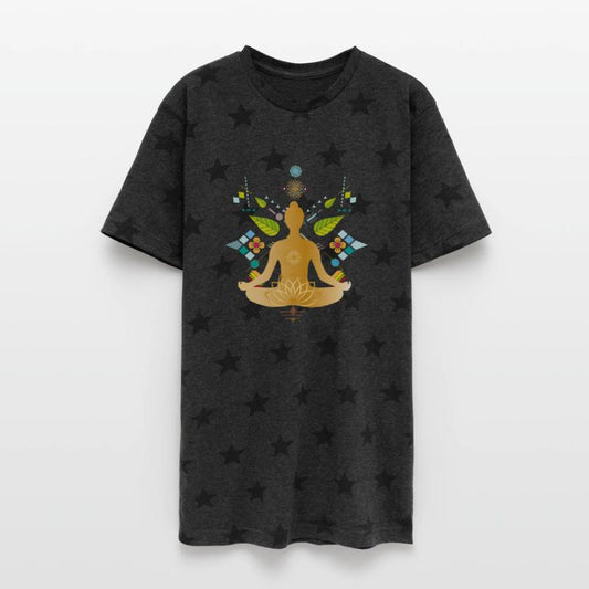 Golden yoga silhouette with colorful elements