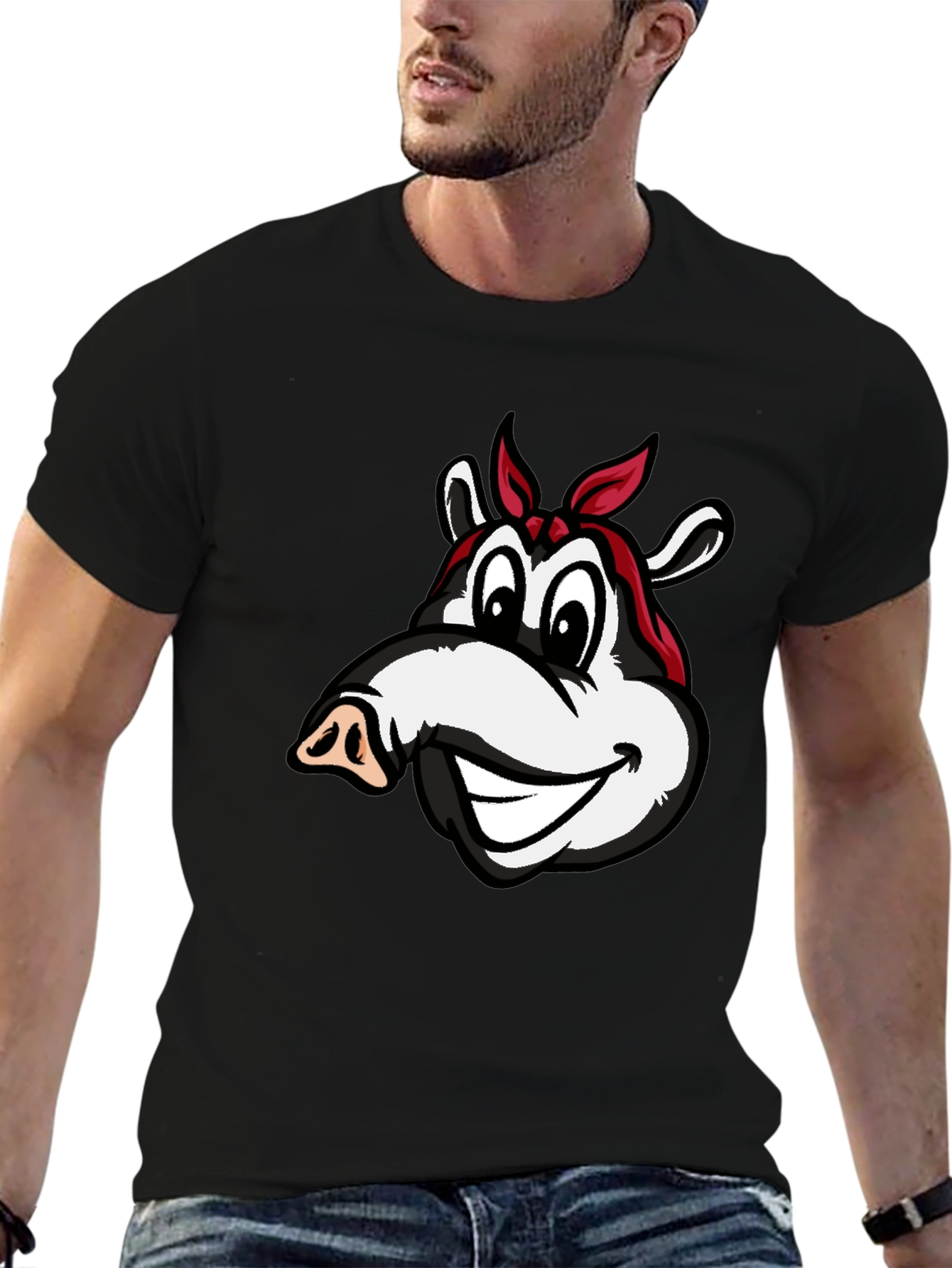 Cartoon Pig Bandana Black T-Shirt