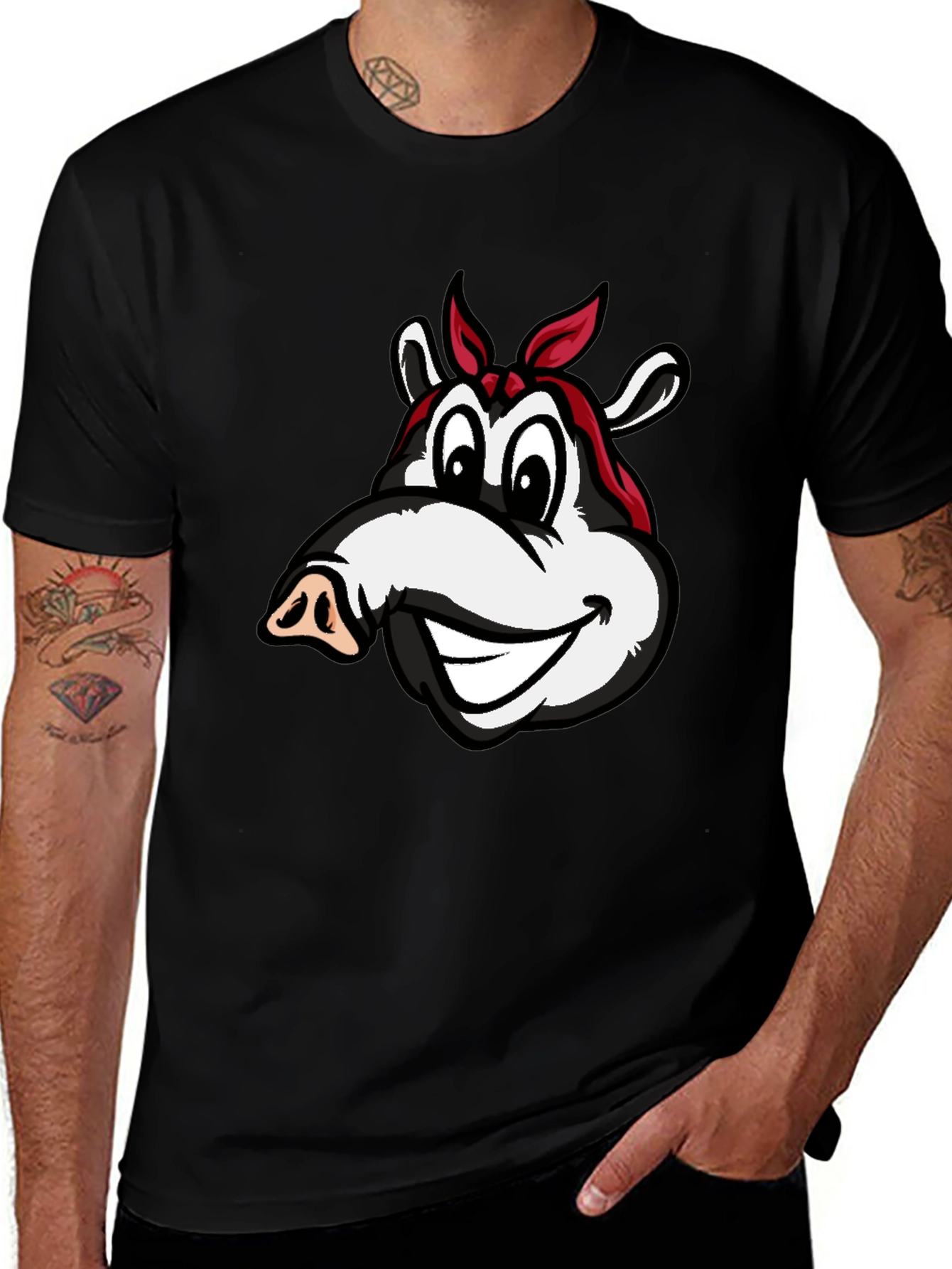 Cartoon Pig Bandana Black T-Shirt