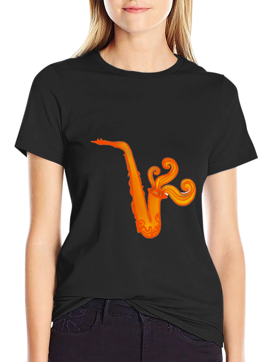 Black T-Shirt with Orange Saxophone Graphic