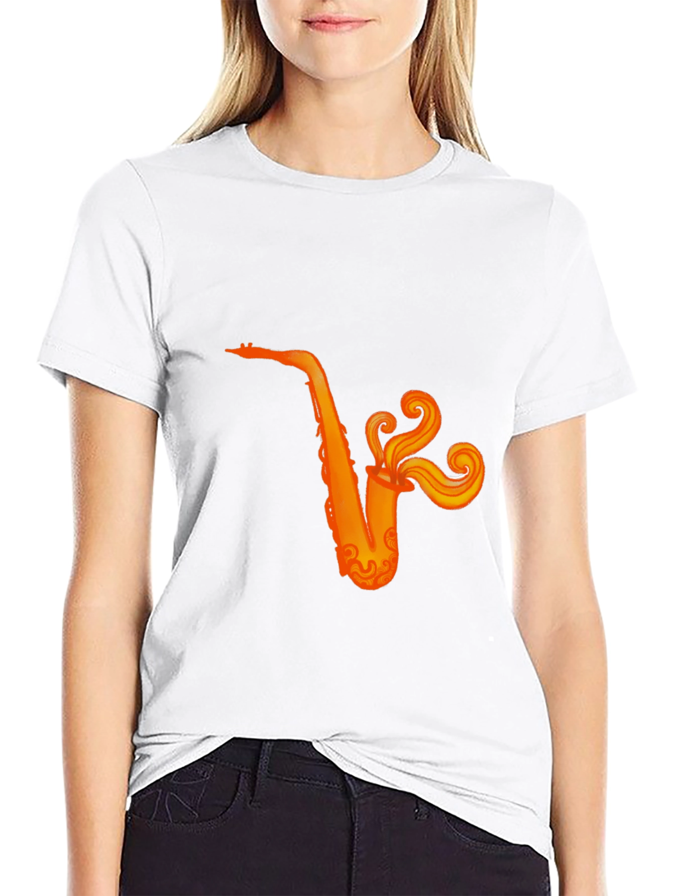 Black T-Shirt with Orange Saxophone Graphic