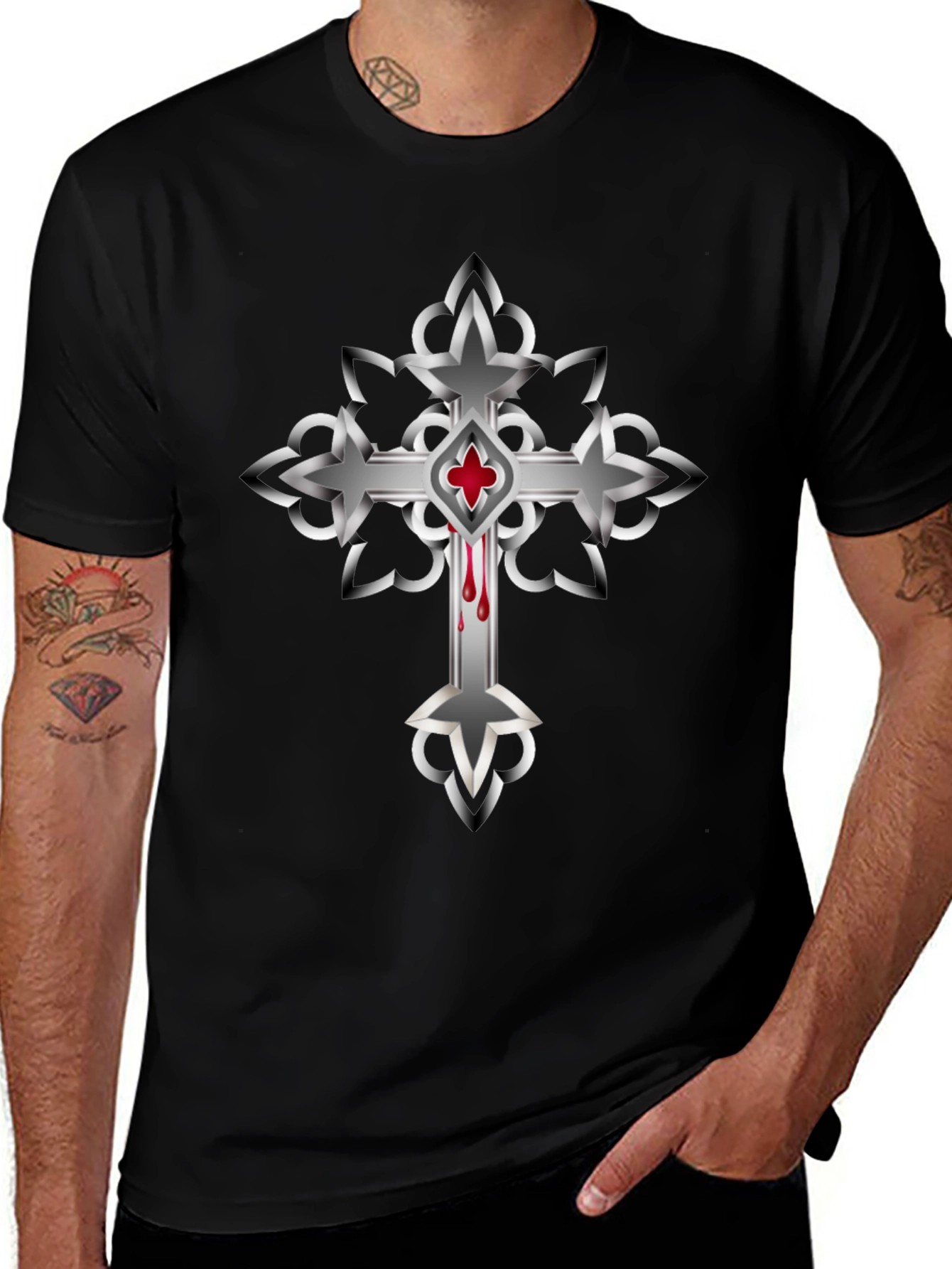 Gothic Cross Graphic T-Shirt - Mens Black Tee