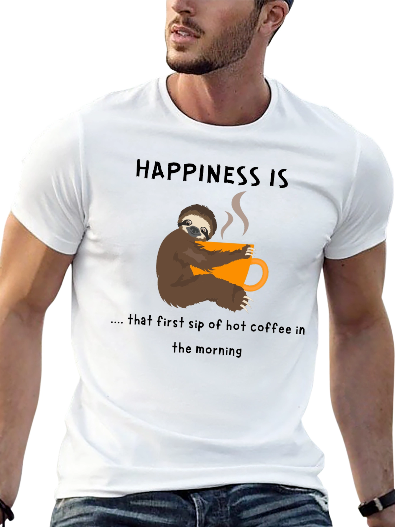 Happiness Sloth Coffee T-Shirt - First Sip Bliss!
