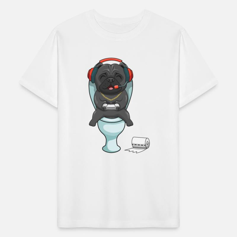 Hardcore gamer pug playing on the toilet