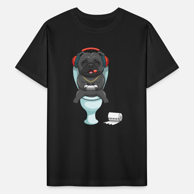 Hardcore gamer pug playing on the toilet