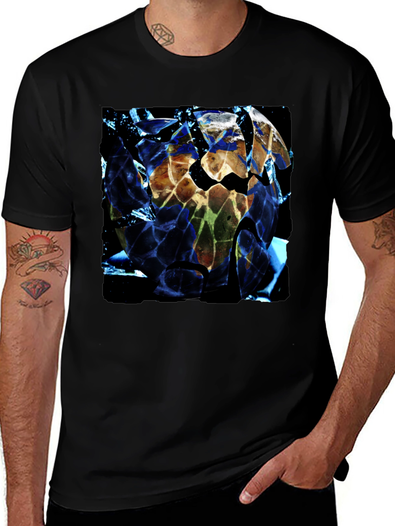 Shattered Earth Graphic Tee - Black Crew Neck T-Shirt