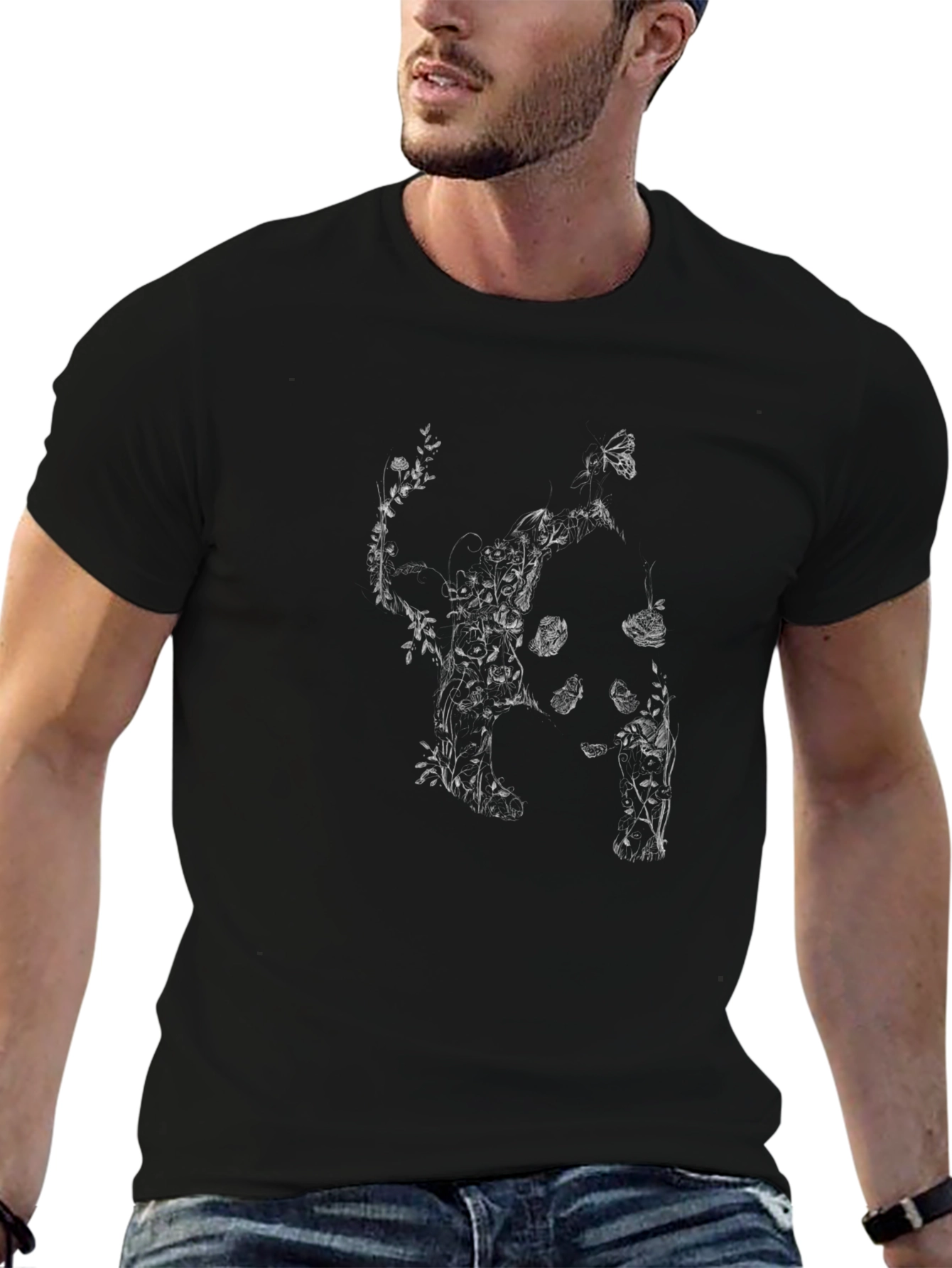 Botanical Cat Print Black T-Shirt