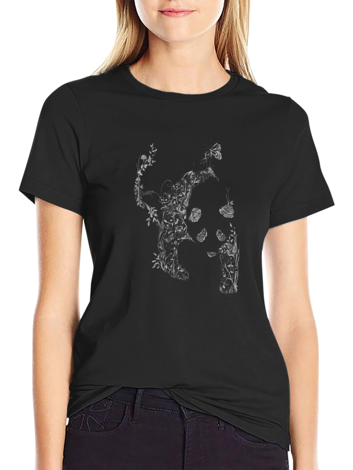 Botanical Cat Print Black T-Shirt