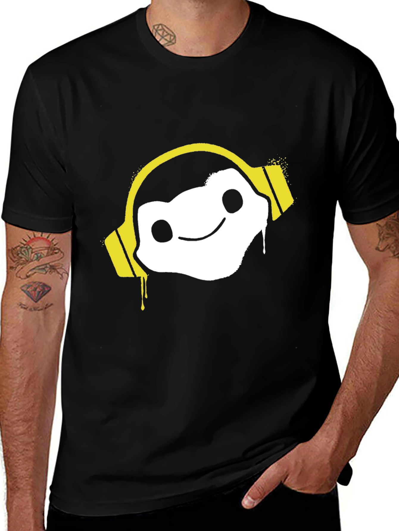 Cool Graphic Tee: DJ White Character w/ Yellow Headphones