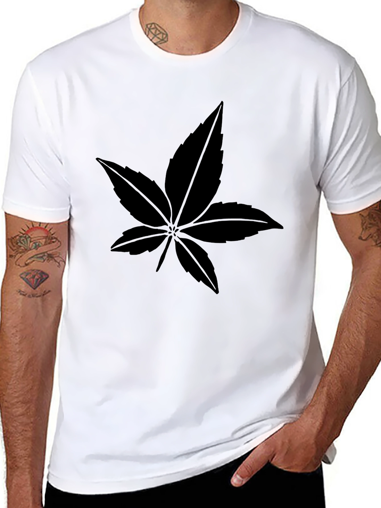 Black Leaf Print Crew Neck T-Shirt