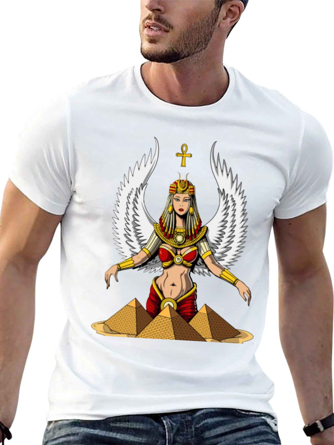Egyptian Goddess T-Shirt Wings and Pyramids Black Tee