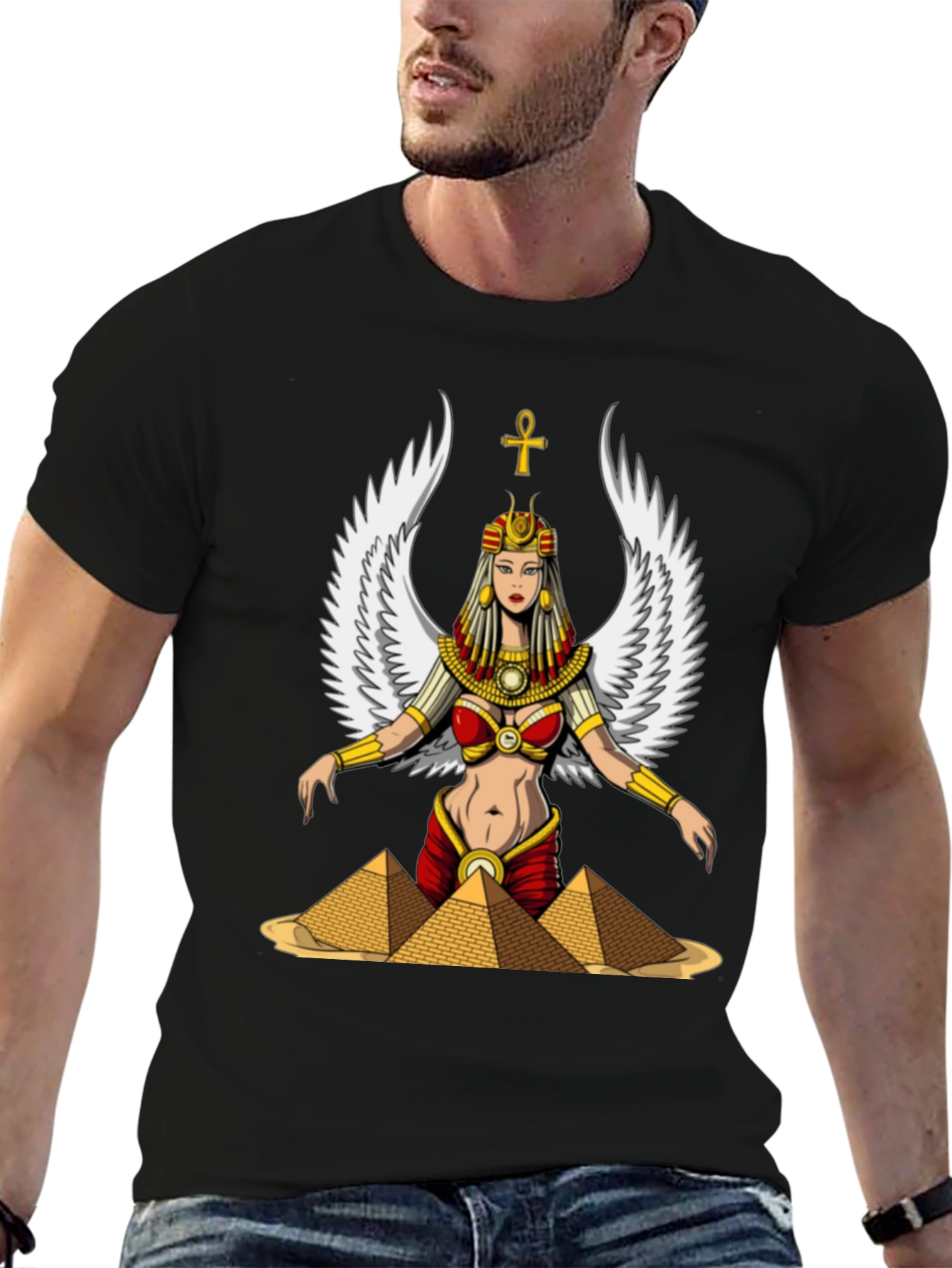 Egyptian Goddess T-Shirt Wings and Pyramids Black Tee