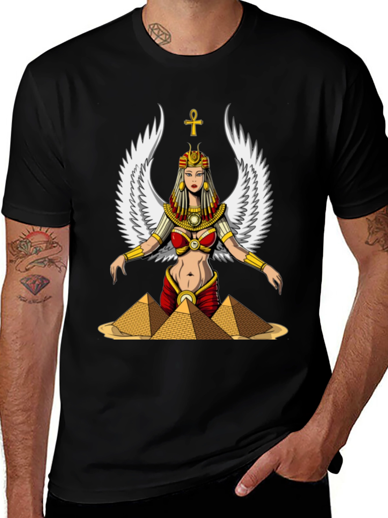 Egyptian Goddess T-Shirt Wings and Pyramids Black Tee