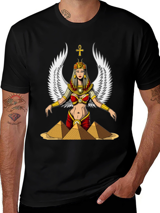 Egyptian Goddess T-Shirt Wings and Pyramids Black Tee