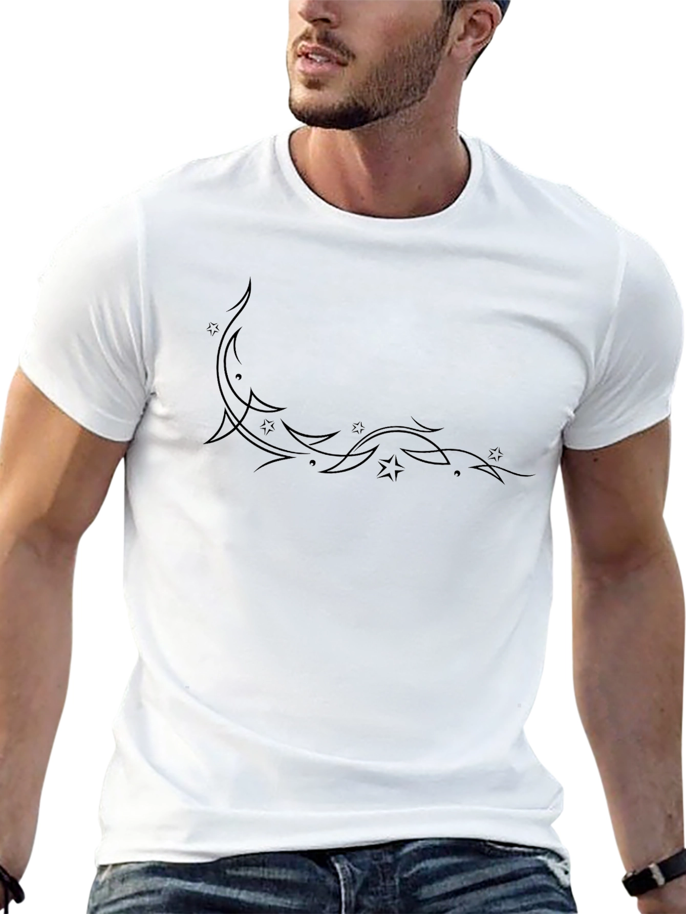 Mens Black T-Shirt with Starry Crescent Design