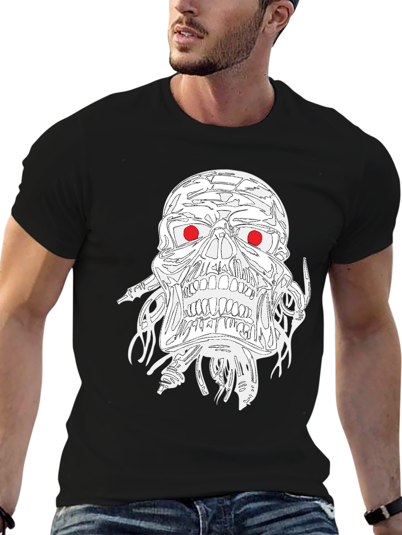Edgy Skull Graphic Tee - Red Eyes
