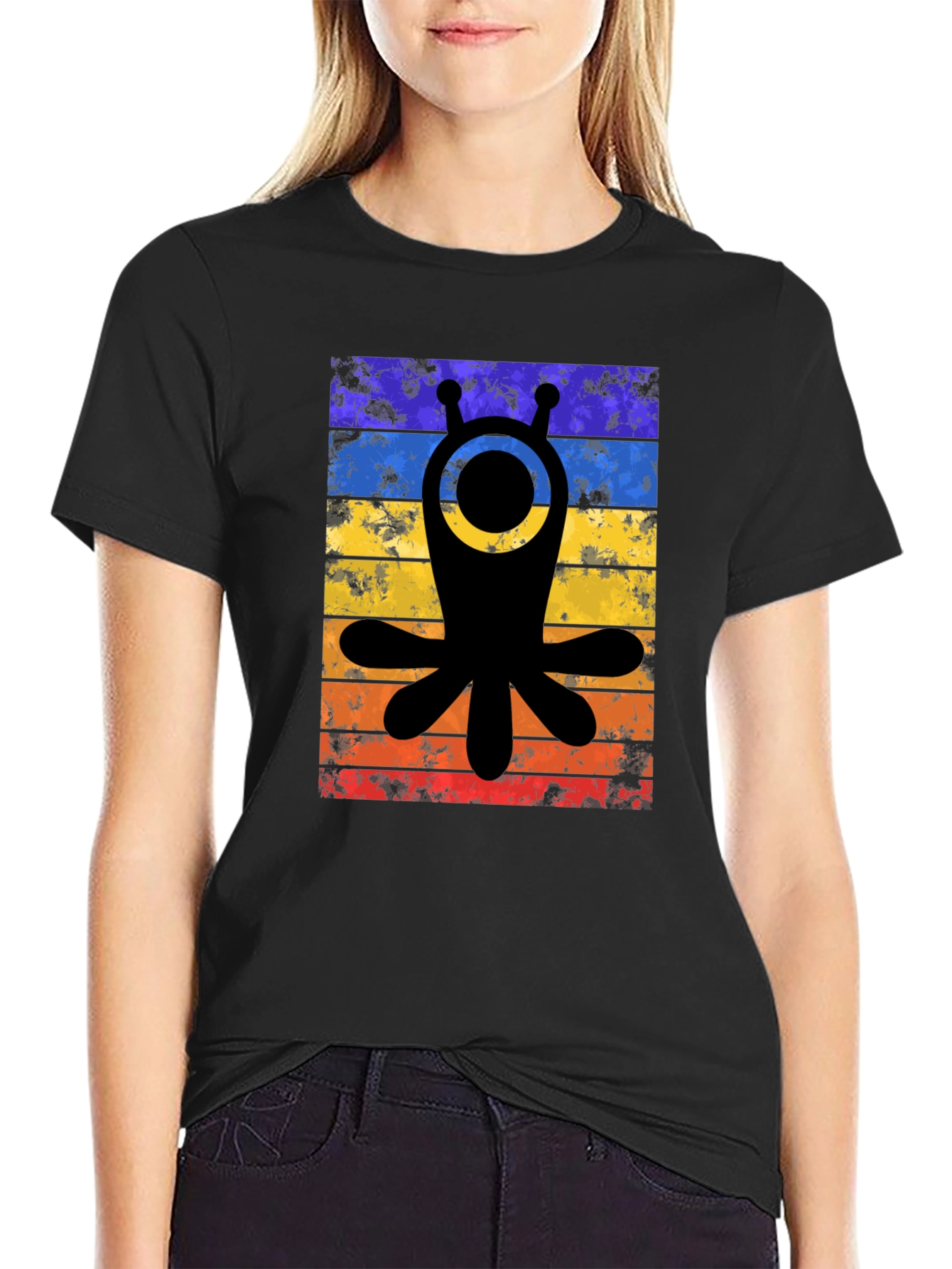 Retro Alien Tee - Distressed Stripes Graphic T-Shirt