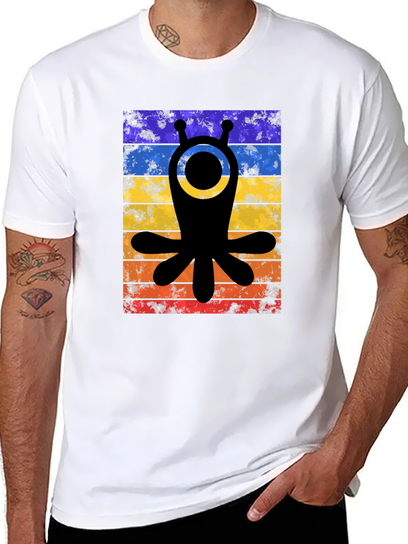 Retro Alien Tee - Distressed Stripes Graphic T-Shirt