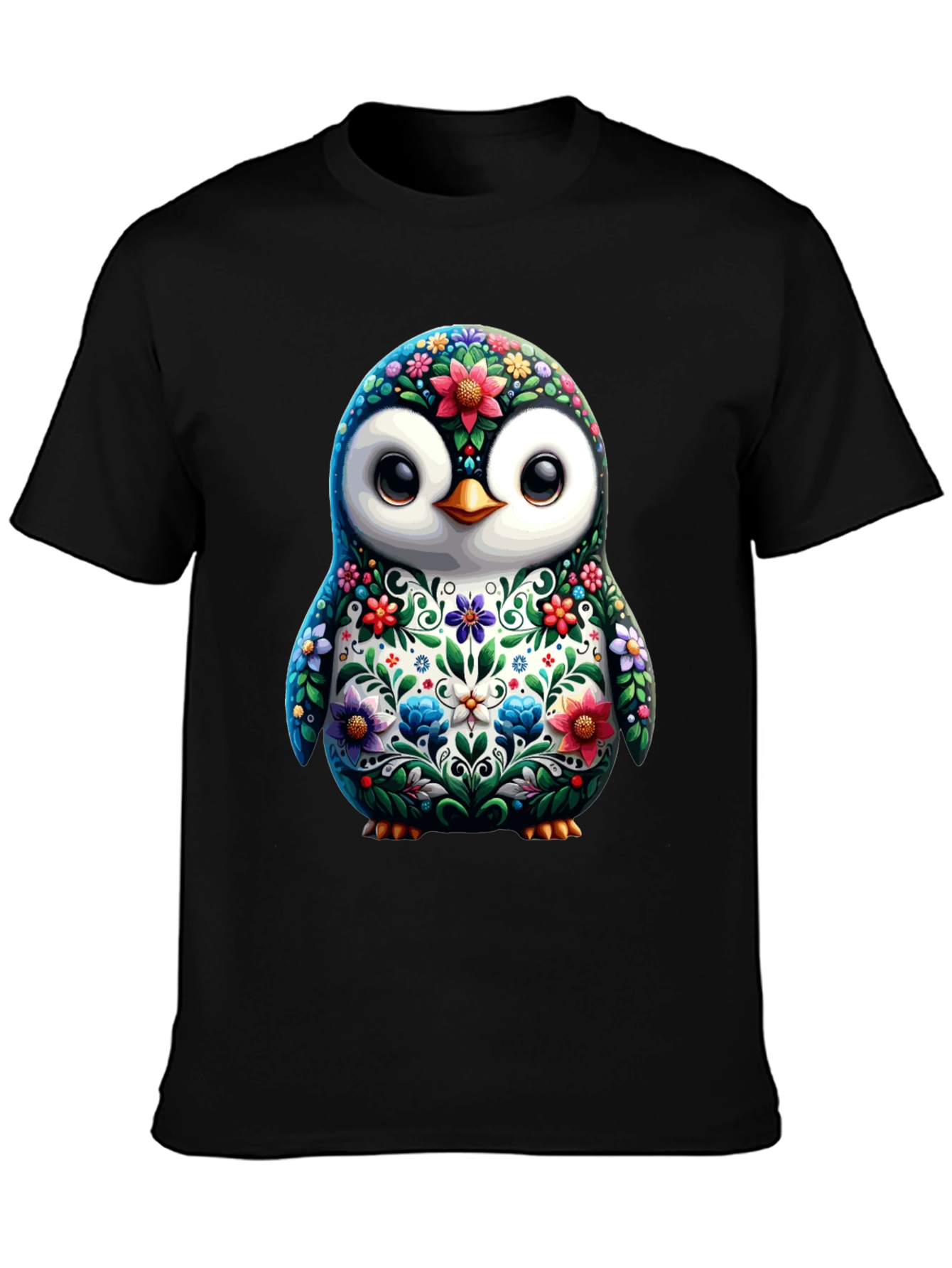 Floral Penguin Graphic Tee - Black Cotton T-Shirt