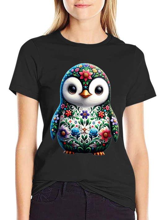Floral Penguin Graphic Tee - Black Cotton T-Shirt