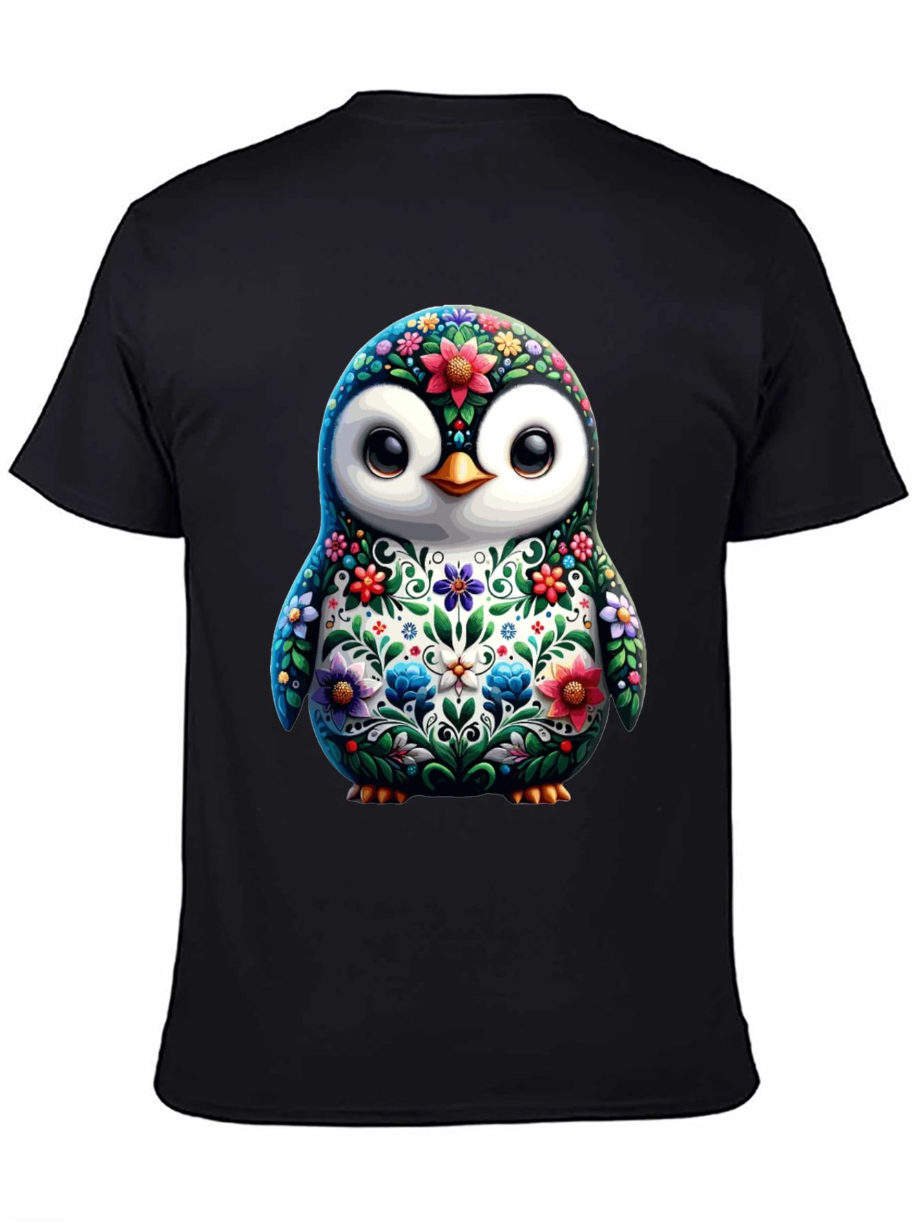 Floral Penguin Graphic Tee - Black Cotton T-Shirt