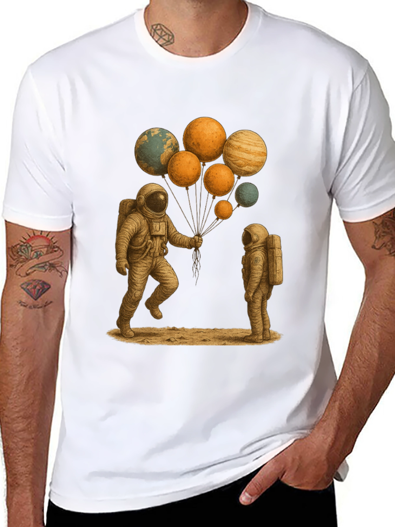 Astronauts and Planet Balloons Graphic Tee
