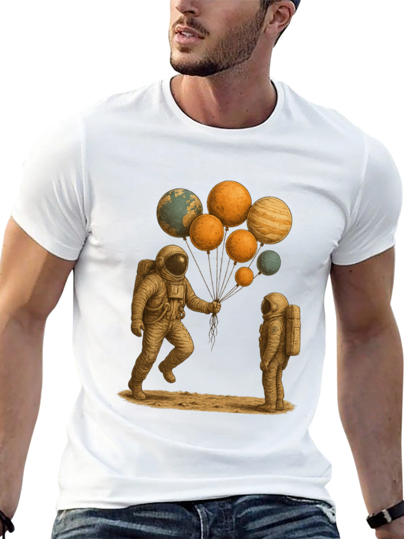 Astronauts and Planet Balloons Graphic Tee