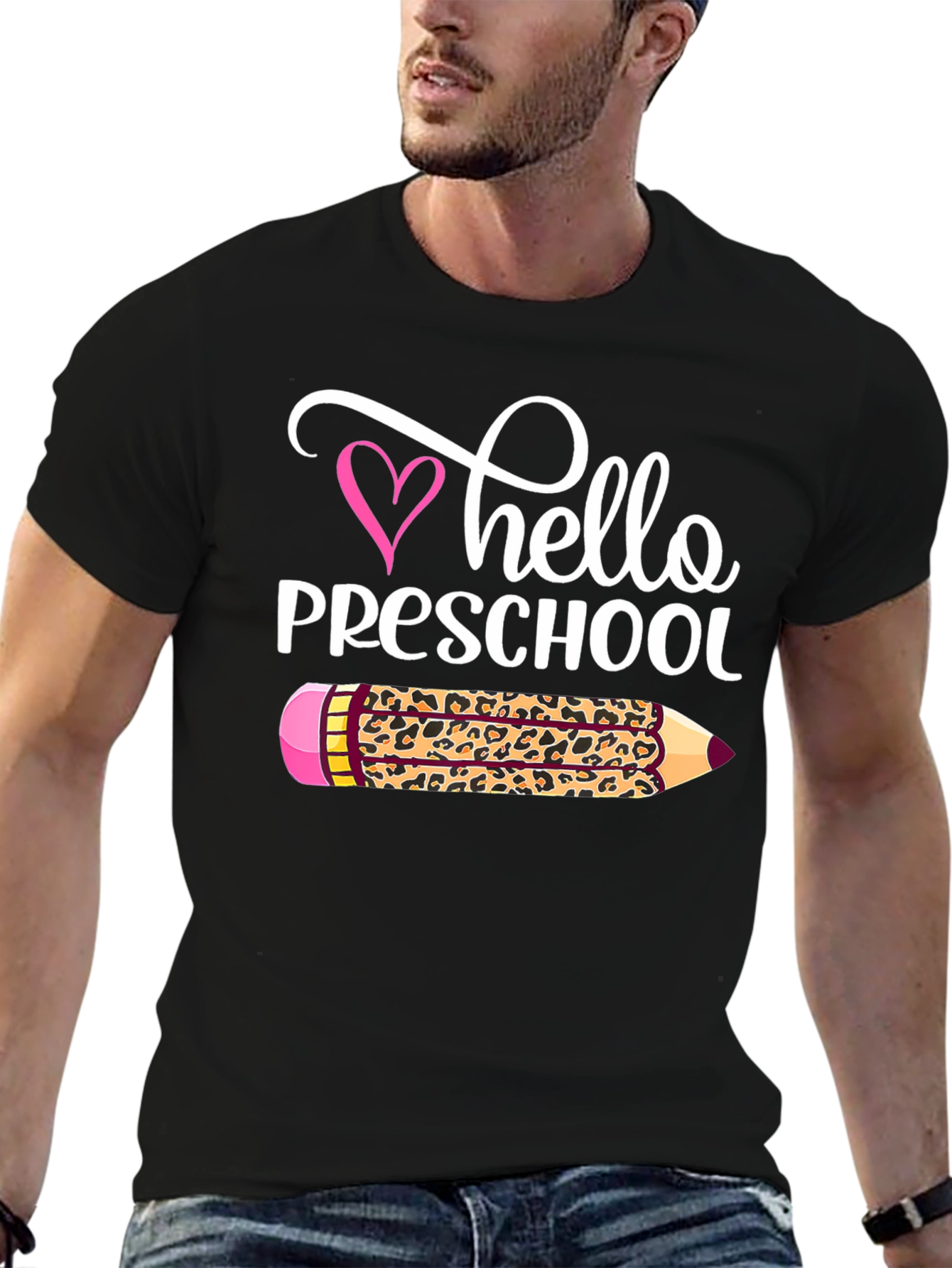 Hello Preschool Leopard Pencil Teacher T-Shirt