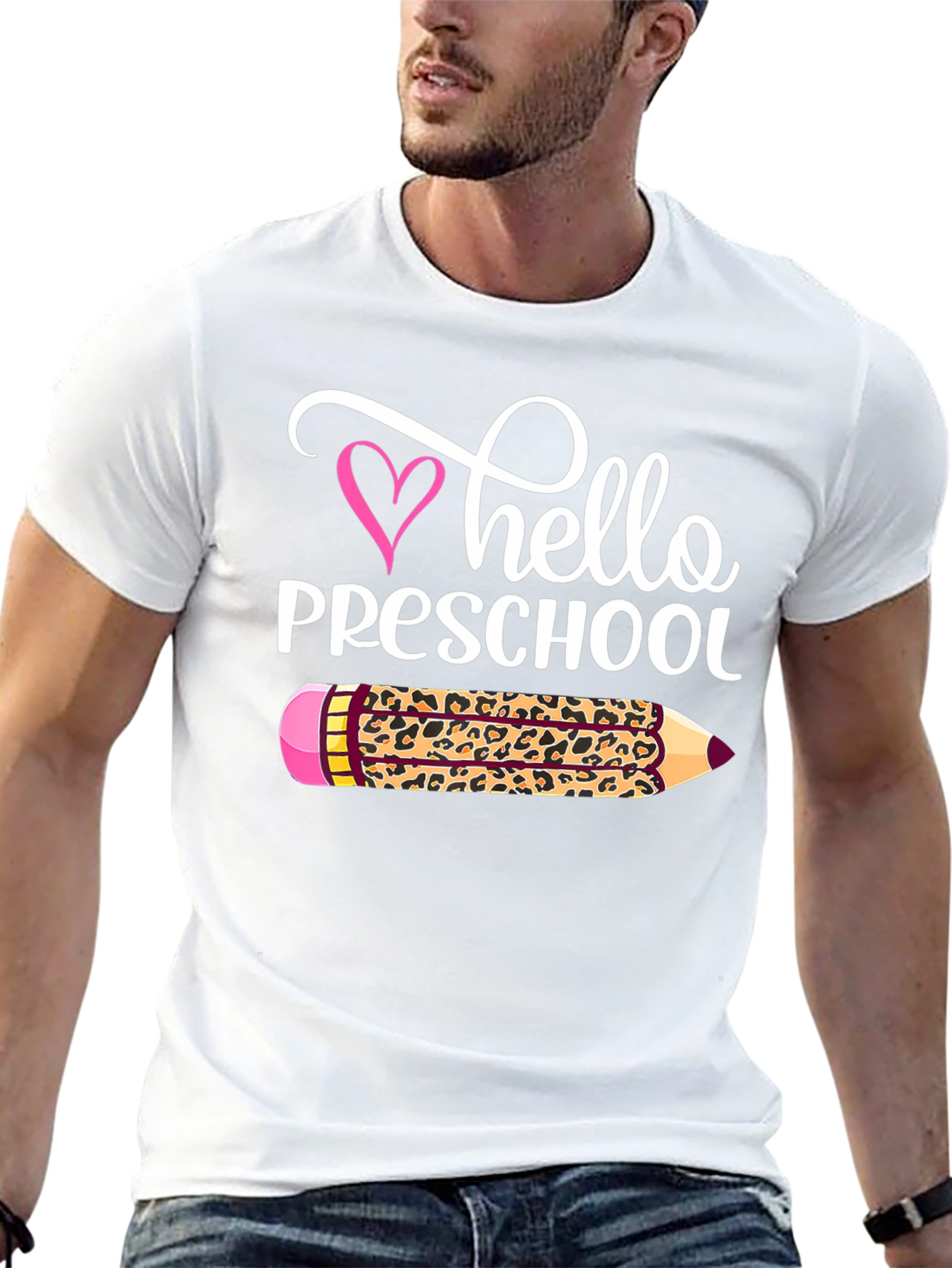 Hello Preschool Leopard Pencil Teacher T-Shirt