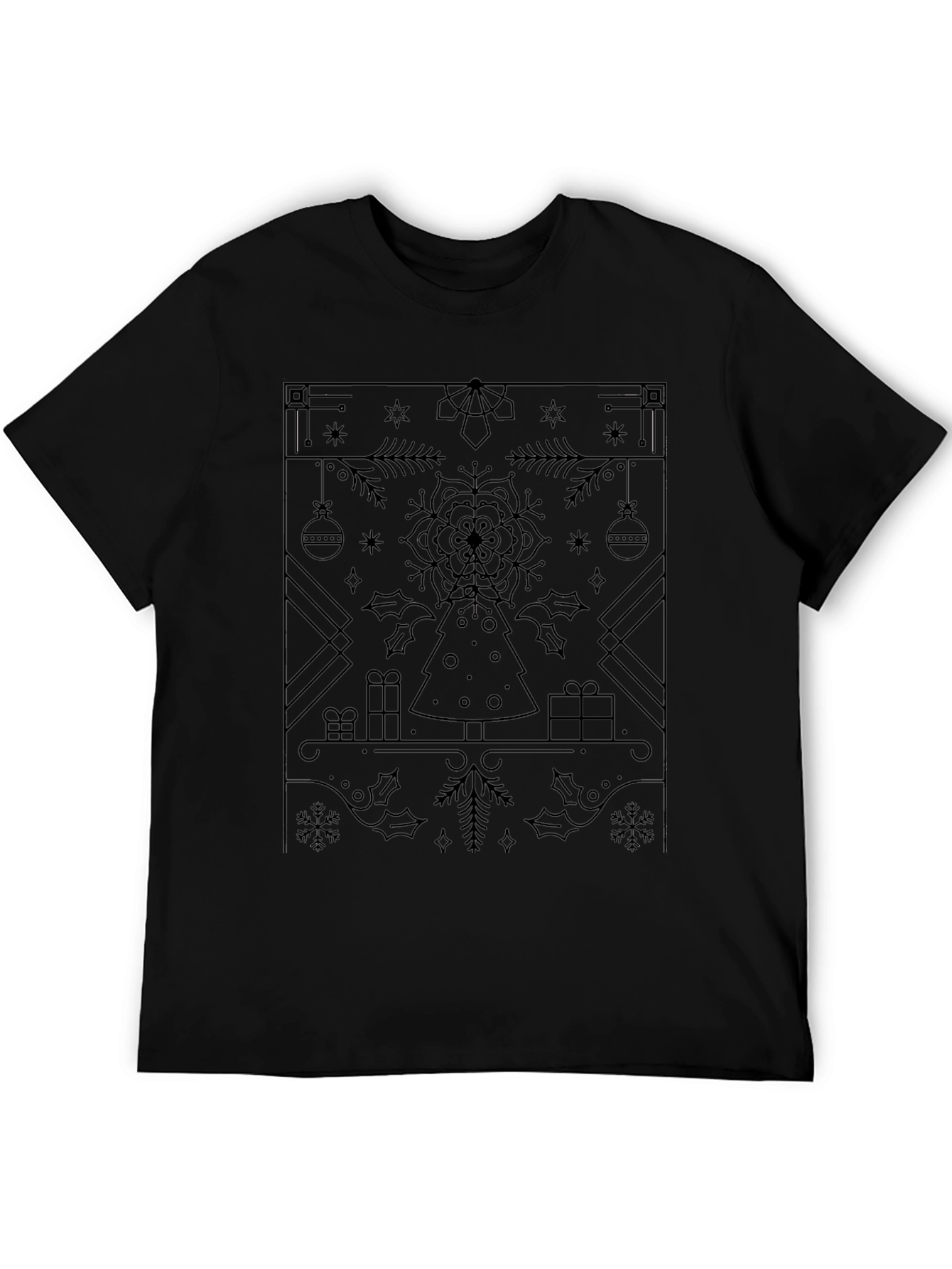 Festive Christmas Tree Pattern Black T-Shirt