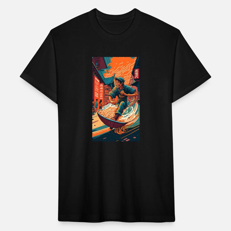 lucky Guy skateboarding and hold bowl of noodle
