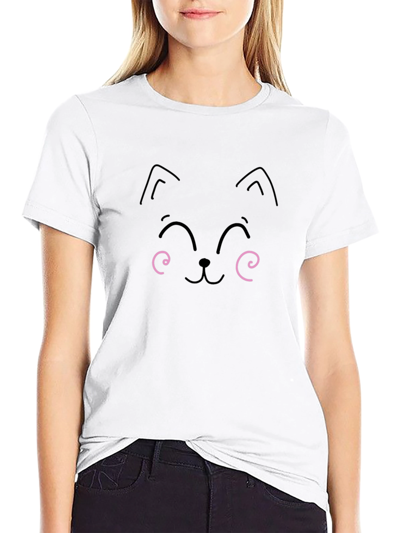 Cute Cat Face Graphic Tee - Black