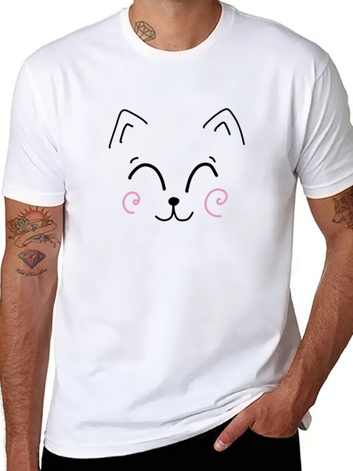 Cute Cat Face Graphic Tee - Black