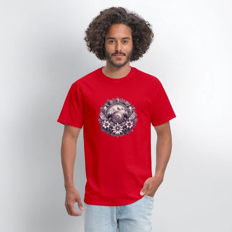 Medallion with majestic mountains and flowers