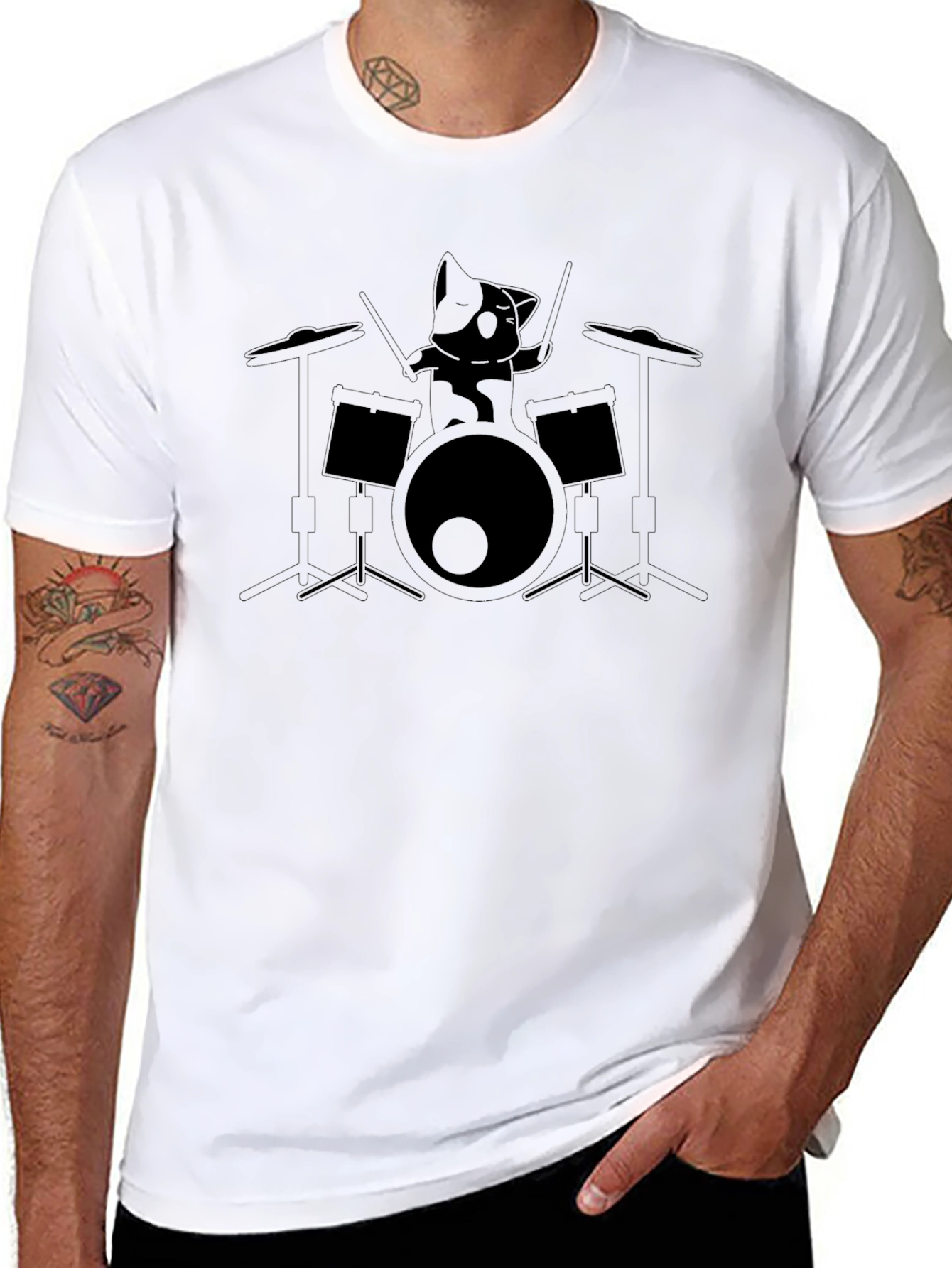 Drumming Cat Graphic Tee - Black Unisex T-Shirt