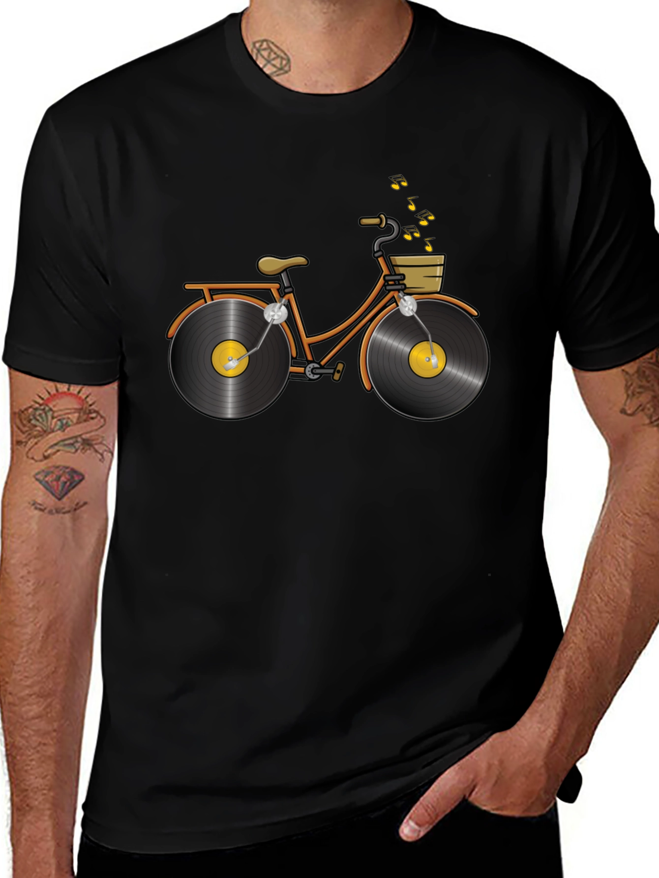 Unique Vinyl Record Bicycle Graphic T-Shirt