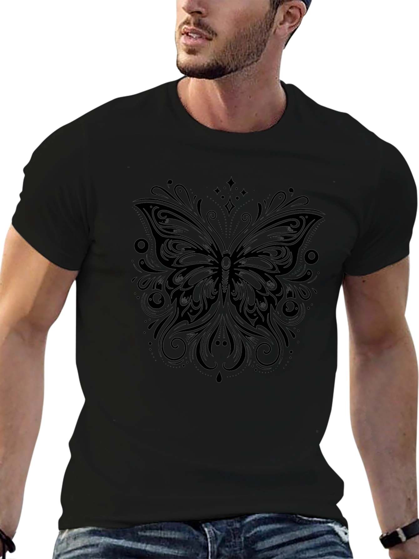 Butterfly Graphic Print Mens Black T-Shirt