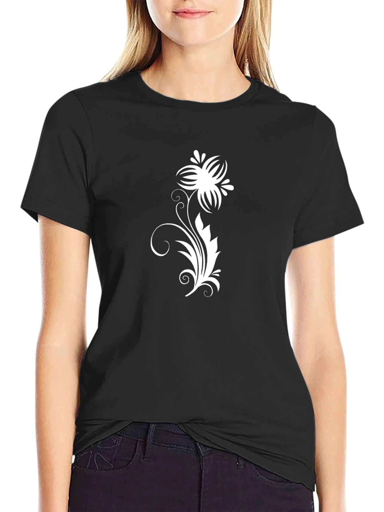 Black Tee with White Floral Vine Design