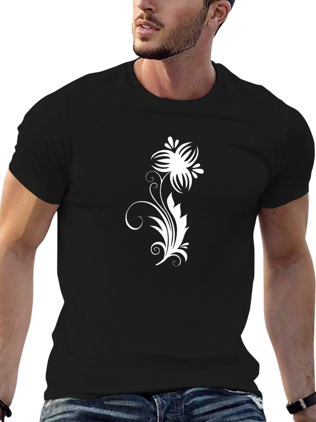 Black Tee with White Floral Vine Design