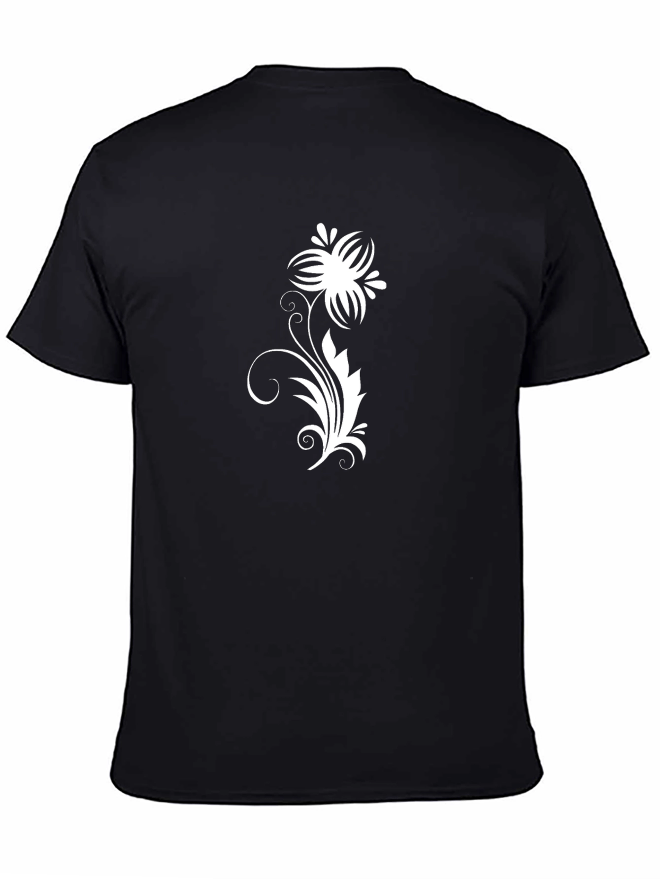 Black Tee with White Floral Vine Design