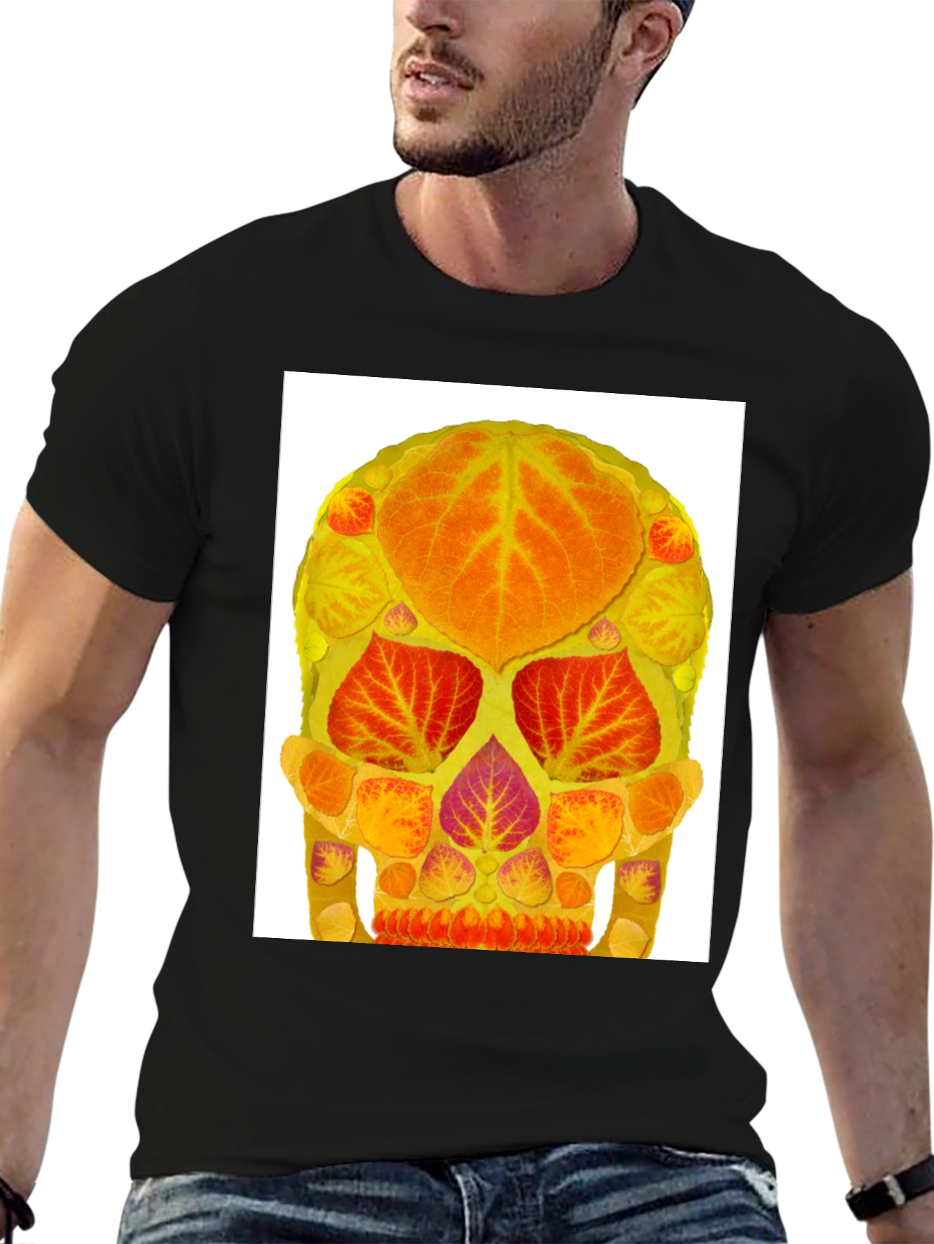 Autumn Leaf Skull Graphic Tee - Black Cotton